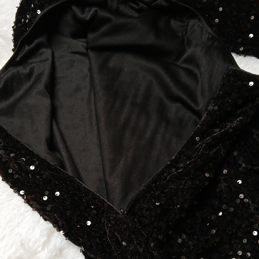 Whimsigoth Dark Black Sequin Feather Trim One-Shoulder Midi Party Prom Dress - Picture 7 of 15